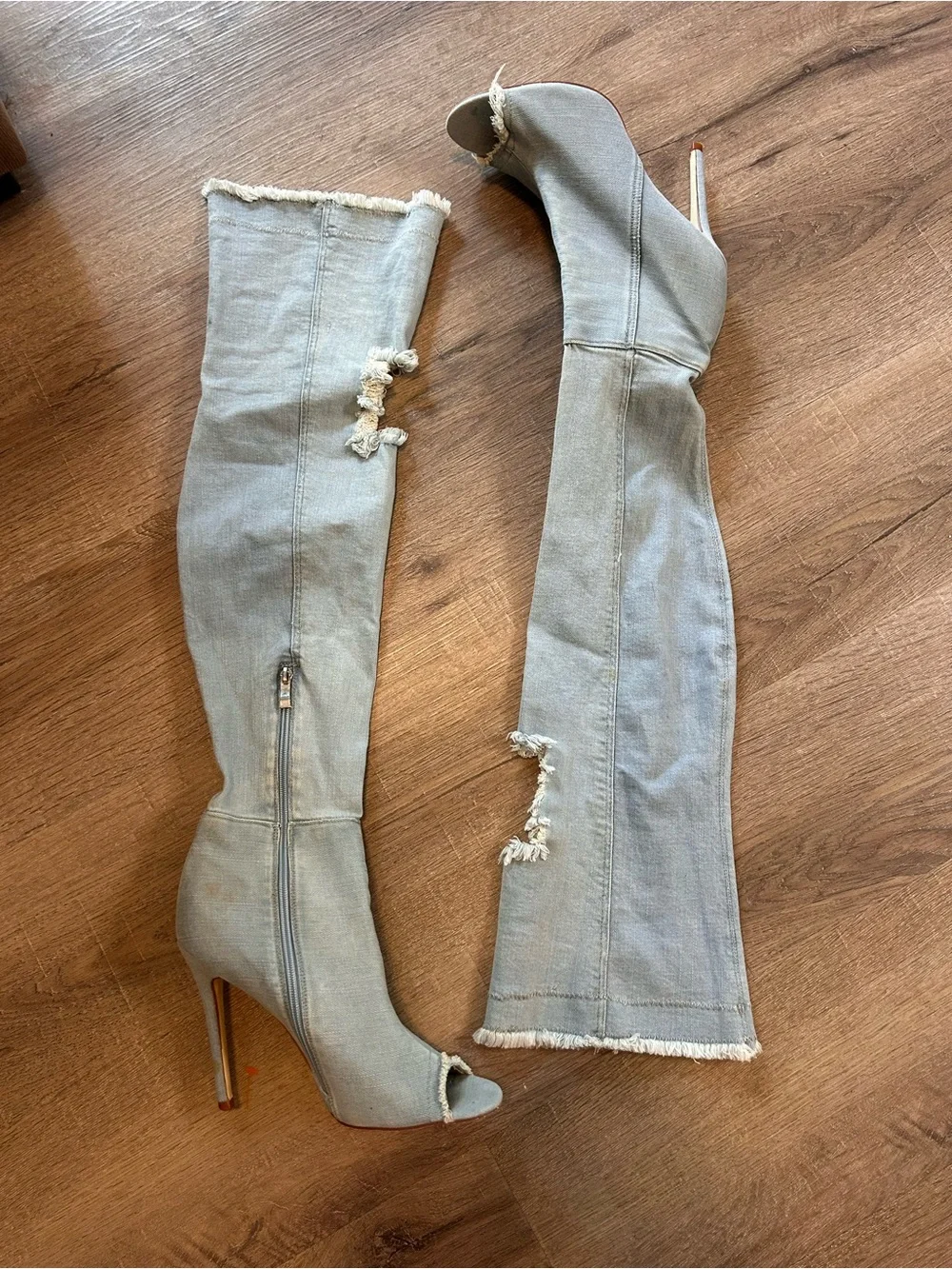 Womens Thigh-High Over-the-Knee Denim Distressed Stiletto Boots Light Wash 11